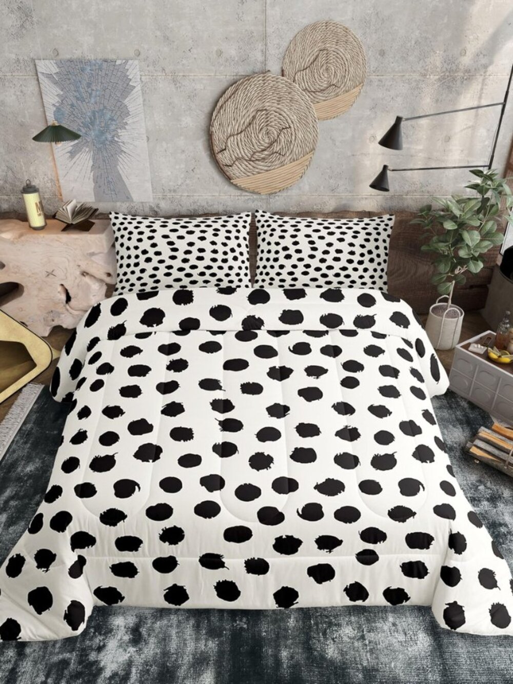 Black Polka Dots Comforter Set Full Size Boho Bedding Set for Kids Men Women